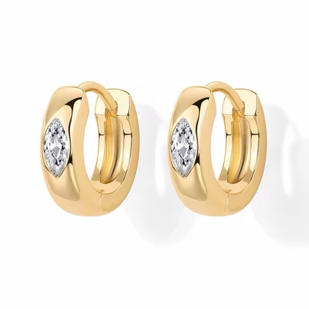 14K Gold Plated Hoop Huggie Earrings with Marquise Accent - Women Jewelry